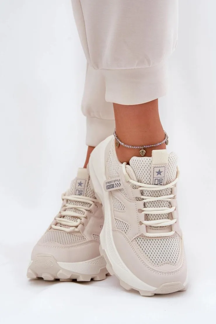 Boto Sneakersy Damskie*Buty Sportowe Sneakersy Damskie Na Grubej Podeszwie Beżowe Prononice Beżowy