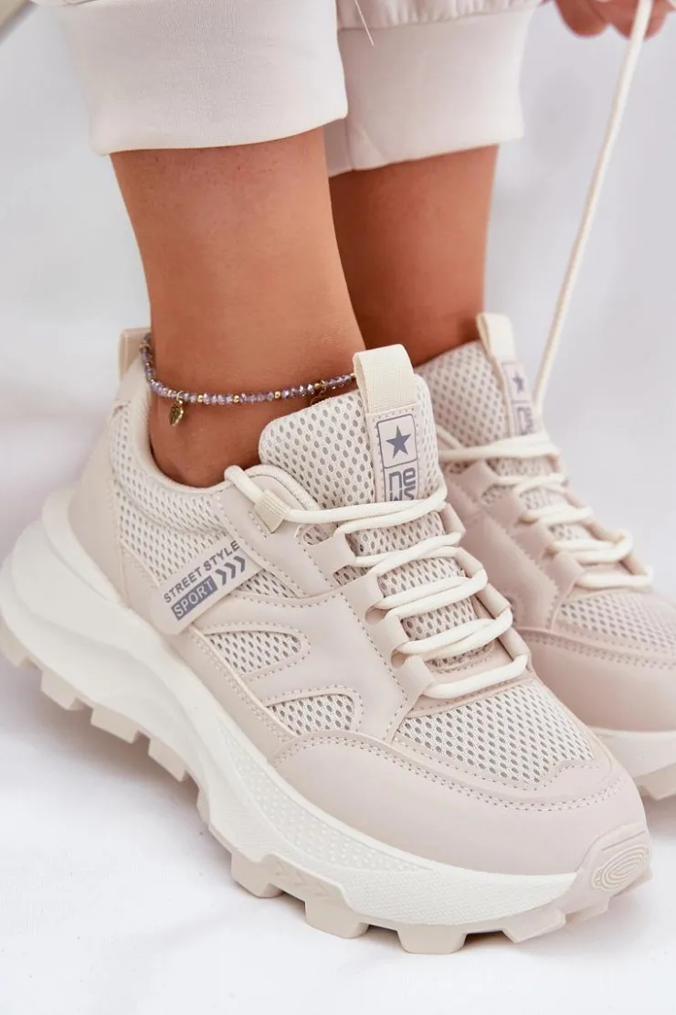 Boto Sneakersy Damskie*Buty Sportowe Sneakersy Damskie Na Grubej Podeszwie Beżowe Prononice Beżowy