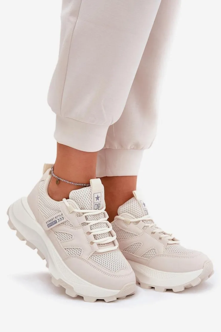 Boto Sneakersy Damskie*Buty Sportowe Sneakersy Damskie Na Grubej Podeszwie Beżowe Prononice Beżowy