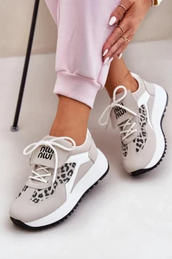 Online Boto Buty Sportowe Sneakersy Damskie Na Platformie Panterka Biało-Beżowe Pumbes