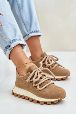 Boto Buty Sportowe Na Platformie|Sneakersy Damskie*Buty Sportowe Sneakersy Na Platformie Z Eko Zamszu Brązowe Riadella