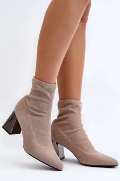 Damskie Boto Błyszczące Botki Na Słupku Beżowe Sognota