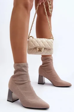Damskie Boto Błyszczące Botki Na Słupku Beżowe Sognota