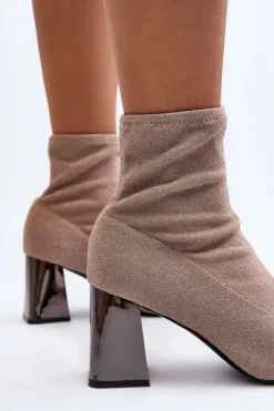 Damskie Boto Błyszczące Botki Na Słupku Beżowe Sognota