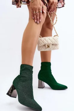 Boto Botki Wiosenne|Botki Na Słupku*Błyszczące Botki Na Słupku Zielone Sognota