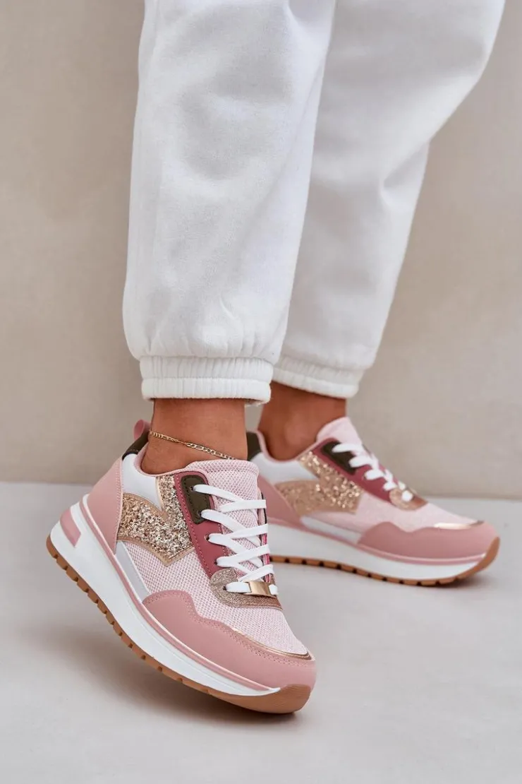 Boto Buty Sportowe Na Platformie|Sneakersy Damskie*Błyszczące Buty Sportowe Damskie Różowe Leesema