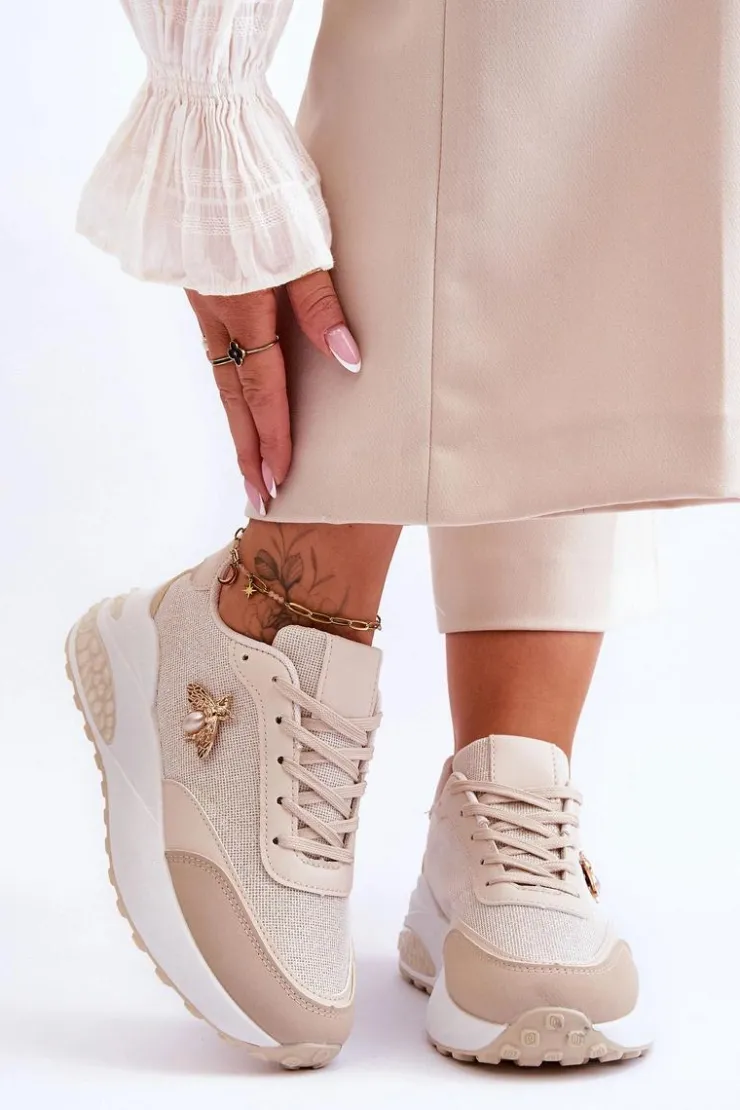 Boto Sneakersy Damskie*Błyszczące Buty Sportowe Z Ozdobą Beżowe Seneca