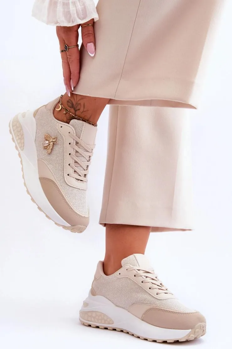 Boto Sneakersy Damskie*Błyszczące Buty Sportowe Z Ozdobą Beżowe Seneca