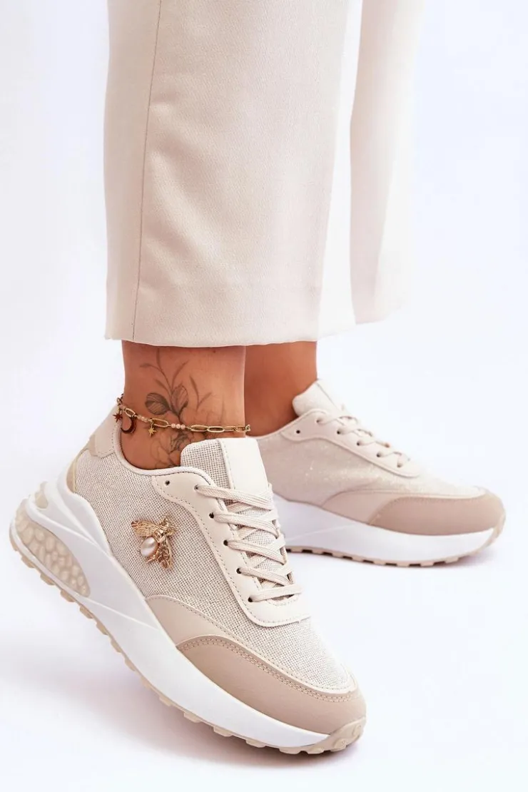 Boto Sneakersy Damskie*Błyszczące Buty Sportowe Z Ozdobą Beżowe Seneca