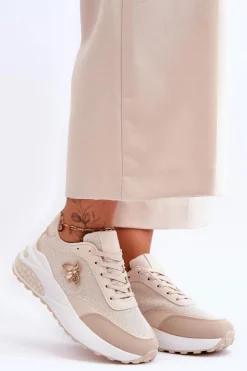 Boto Sneakersy Damskie*Błyszczące Buty Sportowe Z Ozdobą Beżowe Seneca