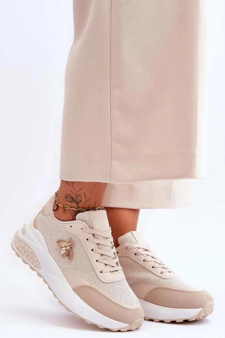 Boto Sneakersy Damskie*Błyszczące Buty Sportowe Z Ozdobą Beżowe Seneca