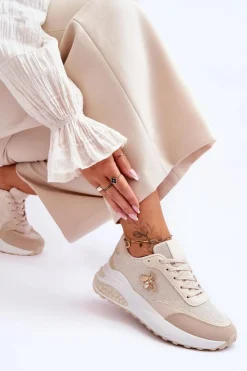 Boto Sneakersy Damskie*Błyszczące Buty Sportowe Z Ozdobą Beżowe Seneca