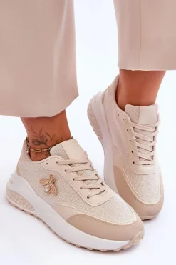 Boto Sneakersy Damskie*Błyszczące Buty Sportowe Z Ozdobą Beżowe Seneca