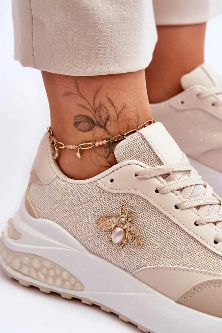 Boto Sneakersy Damskie*Błyszczące Buty Sportowe Z Ozdobą Beżowe Seneca