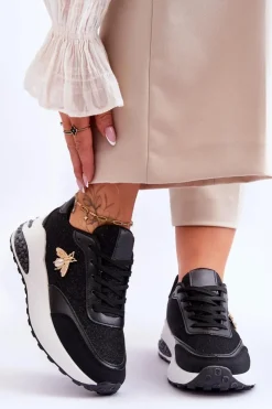 Damskie Boto Błyszczące Buty Sportowe Z Ozdobą Czarne Seneca