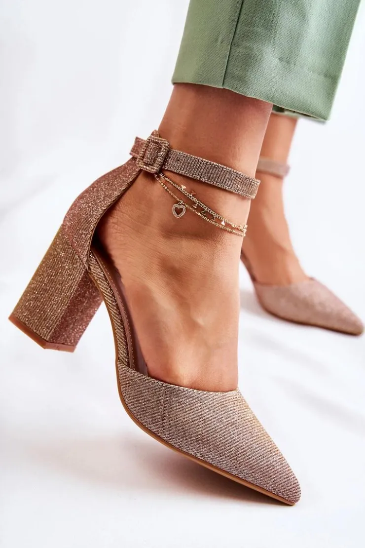 Boto Czółenka Na Słupku|Czółenka Klasyczne*Błyszczące Czółenka Na Słupku Ciemnozłote Amira