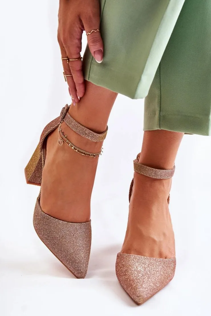 Boto Czółenka Na Słupku|Czółenka Klasyczne*Błyszczące Czółenka Na Słupku Ciemnozłote Amira