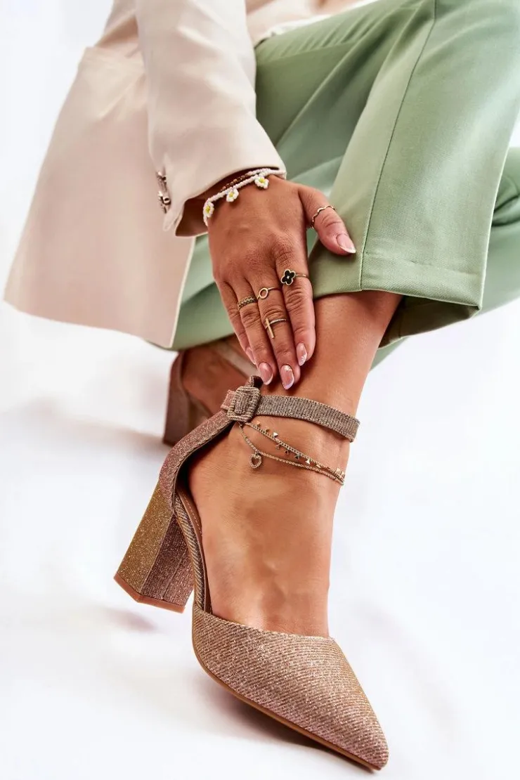 Boto Czółenka Na Słupku|Czółenka Klasyczne*Błyszczące Czółenka Na Słupku Ciemnozłote Amira