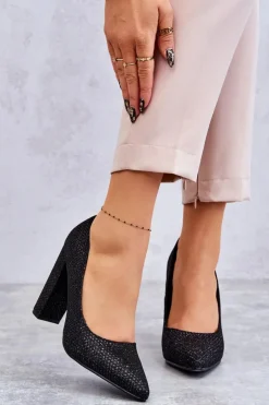 Damskie Boto Błyszczące Czółenka Na Słupku Czarne Elmira