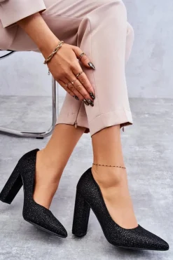 Damskie Boto Błyszczące Czółenka Na Słupku Czarne Elmira