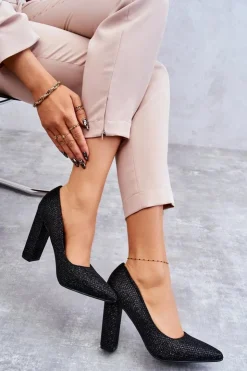 Damskie Boto Błyszczące Czółenka Na Słupku Czarne Elmira