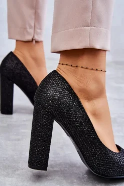 Damskie Boto Błyszczące Czółenka Na Słupku Czarne Elmira