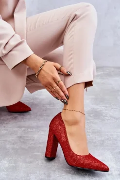 Boto Czółenka Na Słupku|Czółenka Klasyczne*Błyszczące Czółenka Na Słupku Czerwone Elmira Czerwony