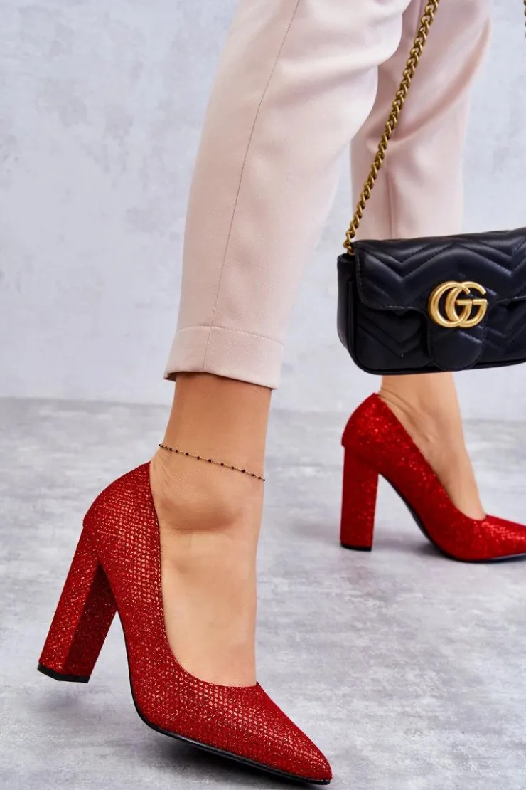 Boto Czółenka Na Słupku|Czółenka Klasyczne*Błyszczące Czółenka Na Słupku Czerwone Elmira Czerwony