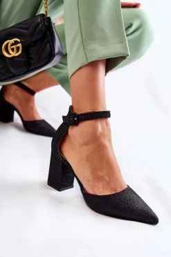 Damskie Boto Błyszczące Czółenka Na Słupku Czarne Amira