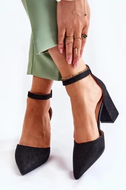 Damskie Boto Błyszczące Czółenka Na Słupku Czarne Amira