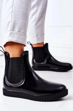 New Boto Błyszczące Kalosze Na Platformie Czarne Waterfall