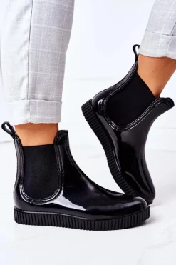 New Boto Błyszczące Kalosze Na Platformie Czarne Waterfall