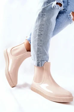 Damskie Boto Błyszczące Kalosze Na Platformie Beżowe Waterfall