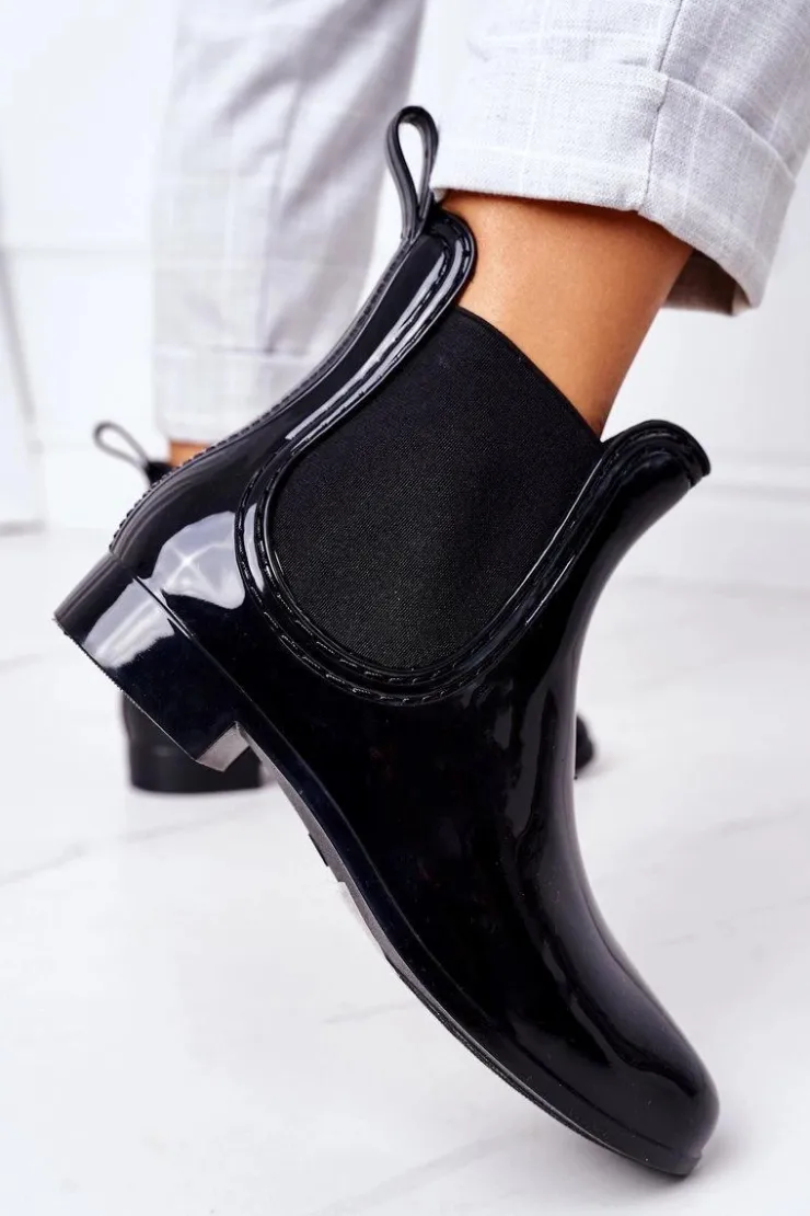 Damskie Boto Błyszczące Kalosze Sztyblety Czarne Umbrella