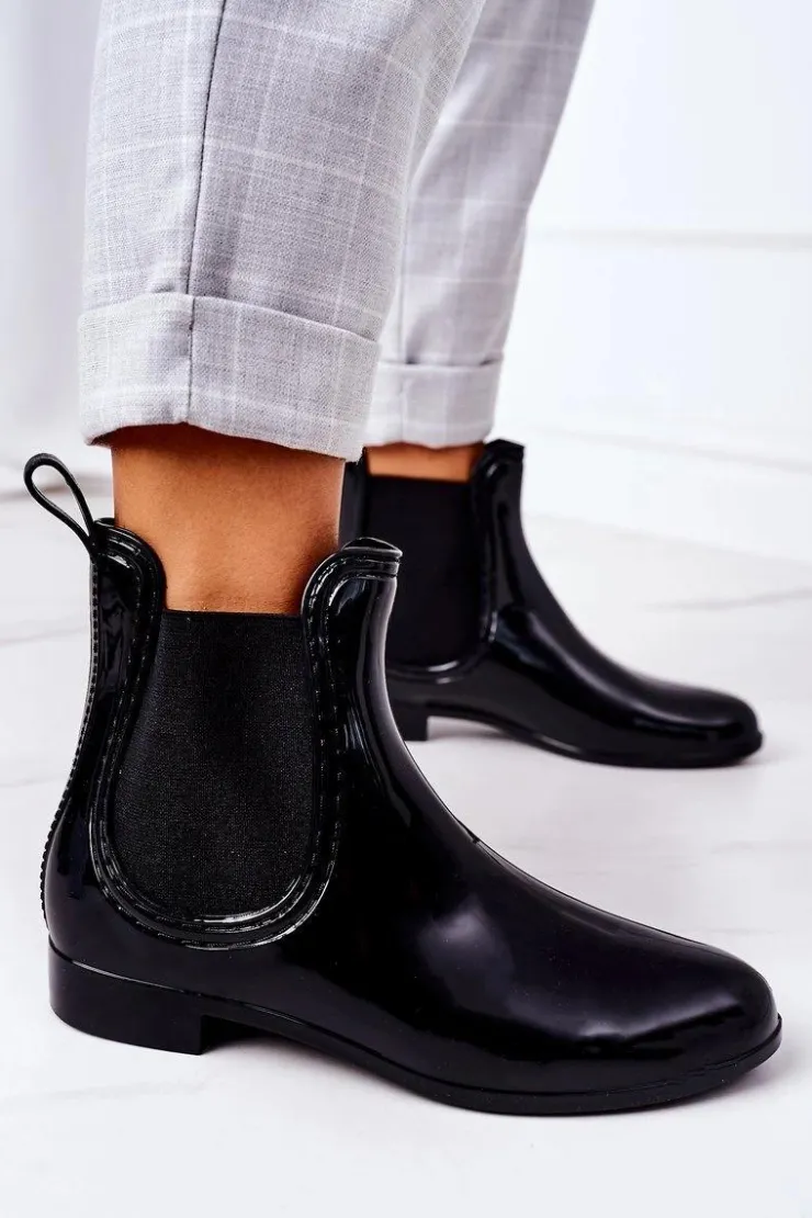 Damskie Boto Błyszczące Kalosze Sztyblety Czarne Umbrella