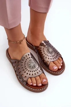 Boto Klapki Damskie Klasyczne*Błyszczące Klapki Damskie Na Płaskim Obcasie Z Ozdobą Miedziane Ebirena