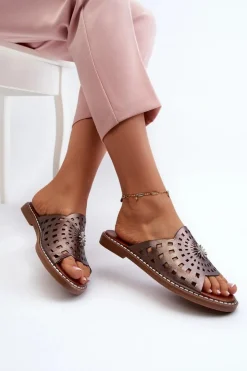 Boto Klapki Damskie Klasyczne*Błyszczące Klapki Damskie Na Płaskim Obcasie Z Ozdobą Miedziane Ebirena