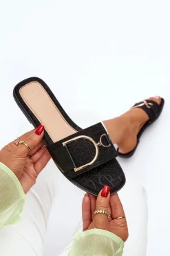 Damskie Boto Błyszczące Klapki Damskie Z Ozdobą Czarne Taleci