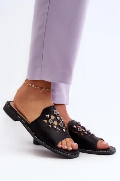 Damskie Damskie buty S.Barski Błyszczące Klapki Damskie Z Ozdobami S.Barski KV27-063 Czarne