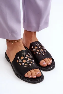 Damskie Damskie buty S.Barski Błyszczące Klapki Damskie Z Ozdobami S.Barski KV27-063 Czarne