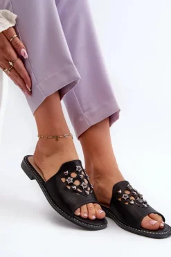 Damskie Damskie buty S.Barski Błyszczące Klapki Damskie Z Ozdobami S.Barski KV27-063 Czarne