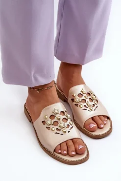 Online Damskie buty S.Barski Błyszczące Klapki Damskie Z Ozdobami S.Barski KV27-063 Złote