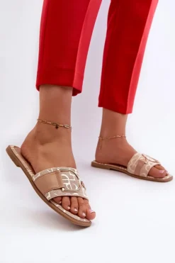 New Boto Błyszczące Klapki Damskie Z Ozdobą Beżowe Taleci Beżowy