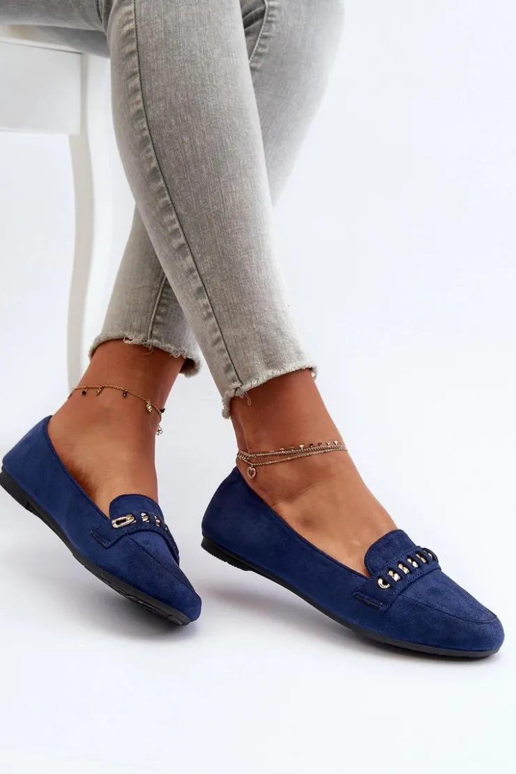 Boto Loafersy Damskie|Mokasyny Damskie Zamszowe*Błyszczące Mokasyny Damskie Z Łańcuchem Granatowe Aredilla Niebieski