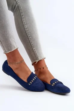 Boto Loafersy Damskie|Mokasyny Damskie Zamszowe*Błyszczące Mokasyny Damskie Z Łańcuchem Granatowe Aredilla Niebieski