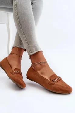 Clearance Boto Błyszczące Mokasyny Damskie Z Łańcuchem Camel Aredilla Brązowy