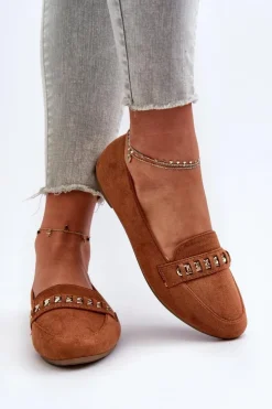 Clearance Boto Błyszczące Mokasyny Damskie Z Łańcuchem Camel Aredilla Brązowy