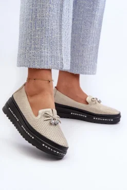 Damskie Damskie buty S.Barski Błyszczące Mokasyny Damskie Skórzane Na Platformie S.Barski LR400 Złote