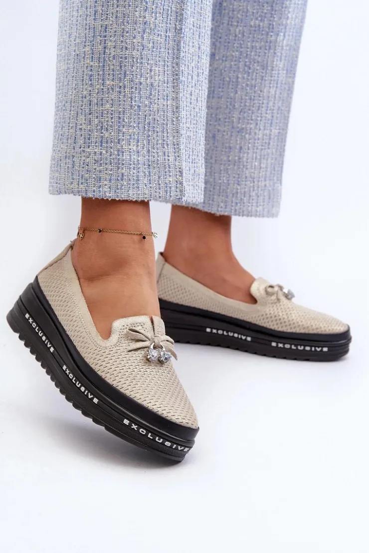 Damskie Damskie buty S.Barski Błyszczące Mokasyny Damskie Skórzane Na Platformie S.Barski LR400 Złote