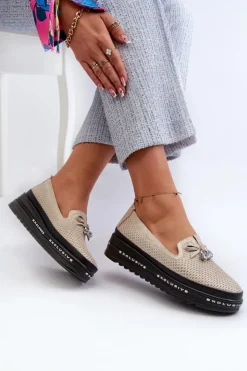 Damskie Damskie buty S.Barski Błyszczące Mokasyny Damskie Skórzane Na Platformie S.Barski LR400 Złote